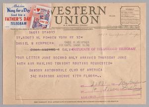 [Telegram from Dawson Automobile Club of America to Daniel W. Kempner, June 14, 1954]