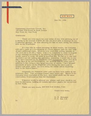 [Letter from D. W. Kempner to the Continental American Travel Inc., July 22, 1954]