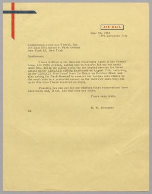 [Letter from D. W. Kempner to the Continental American Travel Inc., June 30, 1954]