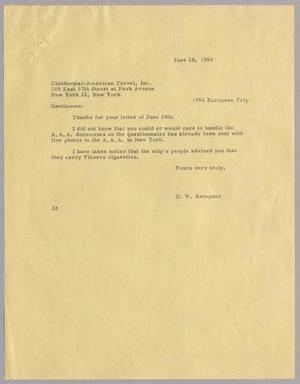 [Letter from D. W. Kempner to the Continental American Travel Inc., June 28, 1954]