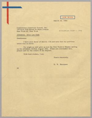 [Letter from D. W. Kempner to the Continental American Travel Inc., March 16, 1954]