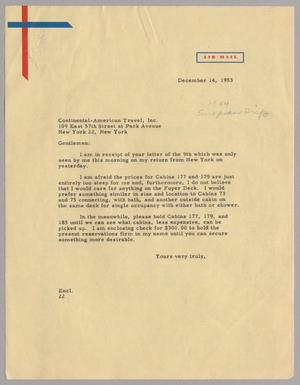 [Letter from D. W. Kempner to the Continental American Travel Inc., December 14, 1953]