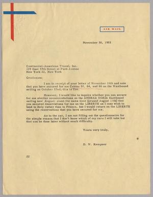 [Letter from D. W. Kempner to the Continental American Travel Inc., November 30, 1953]