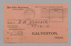 Primary view of object titled '[Return Receipt Card for D. W. Kempner, April 16, 1956]'.