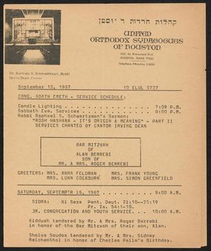 Primary view of object titled 'United Orthodox Synagogues of Houston Newsletter, [Week Starting] September 15, 1967'.