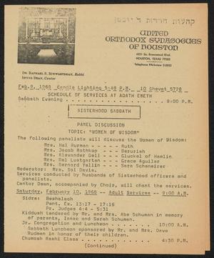 Primary view of object titled 'United Orthodox Synagogues of Houston Newsletter, [Week Starting] February 9, 1968'.