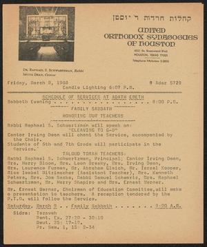 Primary view of object titled 'United Orthodox Synagogues of Houston Newsletter, [Week Starting] March 8, 1968'.