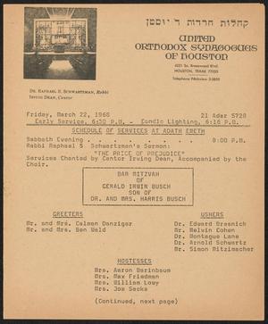 United Orthodox Synagogues of Houston Newsletter, [Week Starting] March 22, 1968