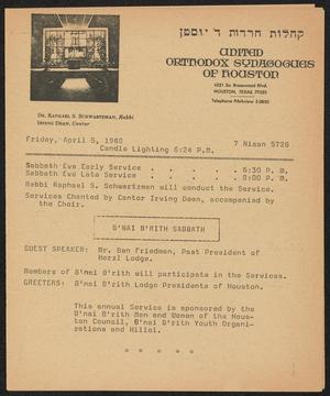 Primary view of object titled 'United Orthodox Synagogues of Houston Newsletter, [Week Starting] April 5, 1968'.