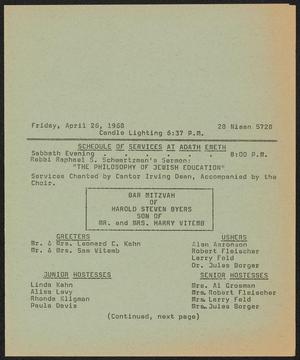 Primary view of object titled 'United Orthodox Synagogues of Houston Newsletter, [Week Starting] April 26, 1968'.
