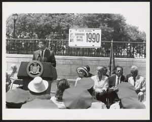 [Photograph of Lee Brown Speaking at a Survivors of the Shield Ceremony]