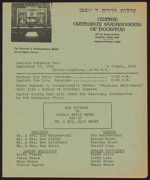 United Orthodox Synagogues of Houston, Service Schedule, [Week Starting] September 27, 1968