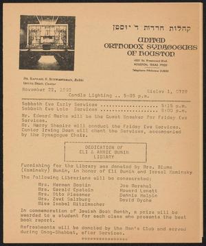 Primary view of object titled 'United Orthodox Synagogues of Houston Newsletter, [Week Starting] November 22, 1968'.