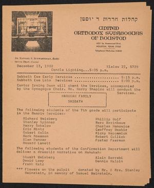 United Orthodox Synagogues of Houston Newsletter, [Week Starting] December 13, 1968