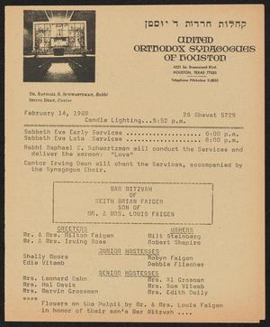 Primary view of object titled 'United Orthodox Synagogues of Houston Newsletter, [Week Starting] February 14, 1969'.