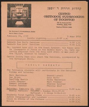 United Orthodox Synagogues of Houston Newsletter, [Week Starting] February 21, 1969