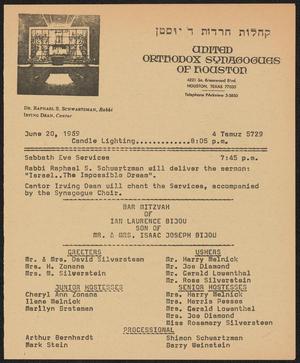 United Orthodox Synagogues of Houston Newsletter, [Week Starting] June 20, 1969