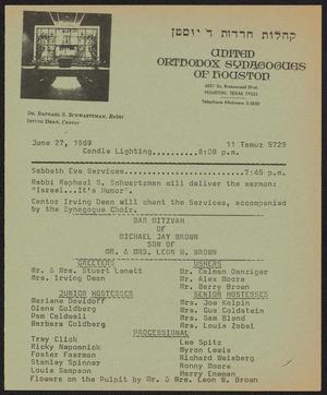 United Orthodox Synagogues of Houston Newsletter, [Week Starting] June 27, 1969
