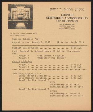 Primary view of object titled 'United Orthodox Synagogues of Houston, Service Schedule: August 1 to August 8, 1969'.