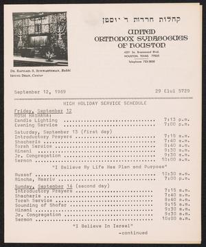 United Orthodox Synagogues of Houston Newsletter, [Week Starting] September 12, 1969