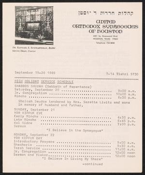United Orthodox Synagogues of Houston Newsletter, [Week of] September 19-26, 1969