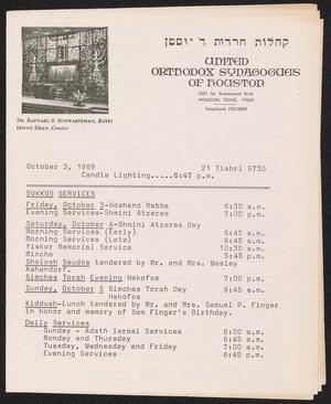 United Orthodox Synagogues of Houston Newsletter, [Week Starting] October 3, 1969