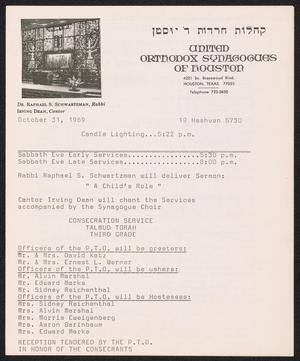 United Orthodox Synagogues of Houston Newsletter, [Week Starting] October 31, 1969