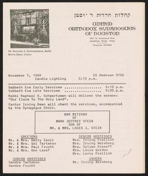Primary view of object titled 'United Orthodox Synagogues of Houston Newsletter, [Week Starting] November 7, 1969'.