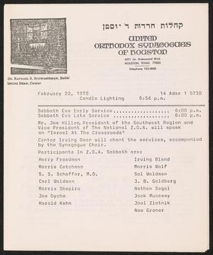 Primary view of object titled 'United Orthodox Synagogues of Houston Newsletter, [Week Starting] February 20, 1970 [#1]'.