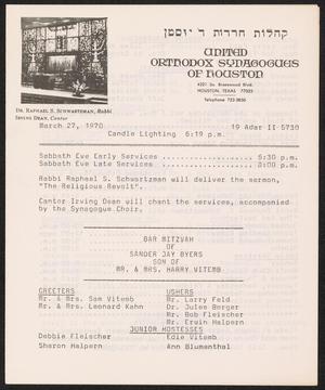 Primary view of object titled 'United Orthodox Synagogues of Houston Newsletter, [Week Starting] March 27, 1970'.
