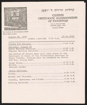 United Orthodox Synagogues of Houston Newsletter, [Week Starting] August 28, 1970