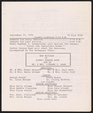 Primary view of object titled 'United Orthodox Synagogues of Houston Newsletter, [Week Starting] September 11, 1970'.