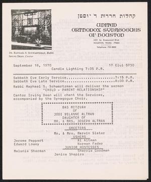United Orthodox Synagogues of Houston Newsletter, [Week Starting] September 18, 1970