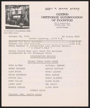 United Orthodox Synagogues of Houston Newsletter, [Week Starting] October 30, 1970