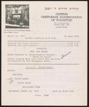 Primary view of object titled 'United Orthodox Synagogues of Houston Newsletter, [Week Starting] March 12, 1971'.