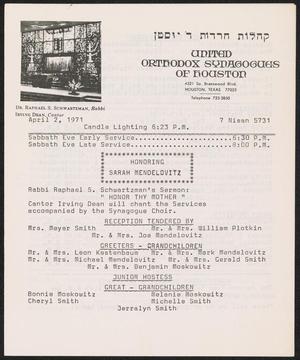 United Orthodox Synagogues of Houston Newsletter, [Week Starting] April 2, 1971