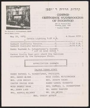 United Orthodox Synagogues of Houston Newsletter, [Week Starting] May 28, 1971