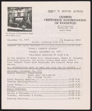United Orthodox Synagogues of Houston Newsletter, [Week Starting] November 12, 1971