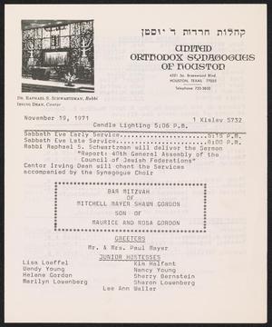 United Orthodox Synagogues of Houston Newsletter, [Week Starting] November 19, 1971