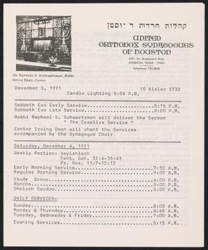 United Orthodox Synagogues of Houston Newsletter, [Week Starting] December 3, 1971