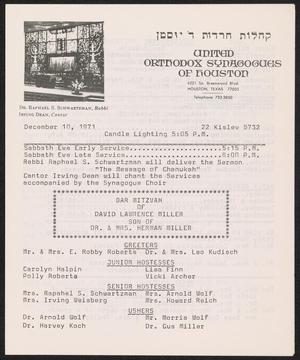 United Orthodox Synagogues of Houston Newsletter, [Week Starting] December 10, 1971