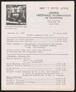 United Orthodox Synagogues of Houston Newsletter, [Week Starting] January 14, 1972