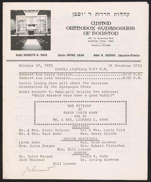 Primary view of object titled 'United Orthodox Synagogues of Houston Newsletter, [Week Starting] October 27, 1972'.