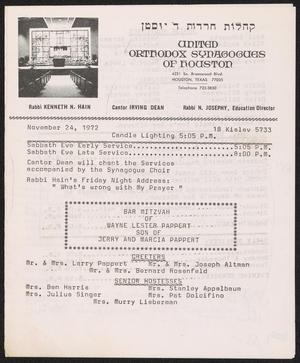 United Orthodox Synagogues of Houston Newsletter, [Week Starting] November 24, 1972