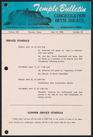 Primary view of object titled 'Beth Israel Bulletin, Volume 103, Number 20, May 1958'.