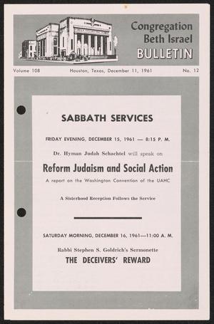 Primary view of object titled 'Congregation Beth Israel Bulletin, Volume 108, Number 12, December 1961'.