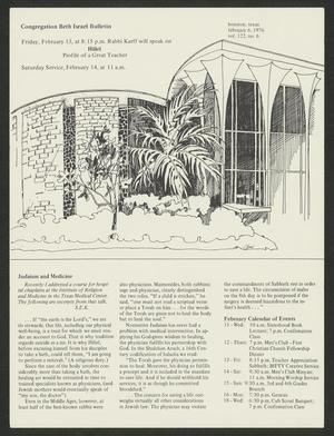 Primary view of object titled 'Congregation Beth Israel Bulletin, Volume 122, Number 6, February 1976'.