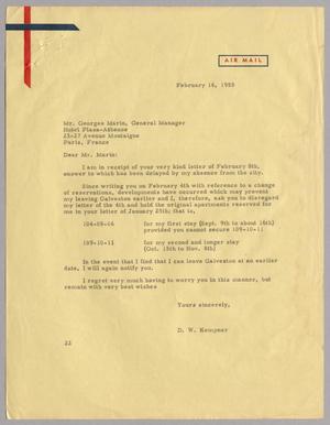 [Letter from D. W. Kempner to Georges Marin, February 16, 1955]
