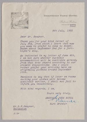 Primary view of object titled '[Letter from Kurt Brenner to D. W. Kempner, July 9, 1955]'.