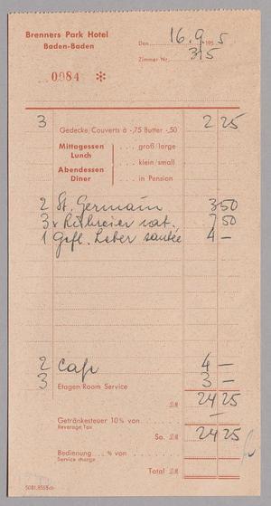 Primary view of object titled '[Invoice for Brenners Park Hotel Charges, September 16, 1955]'.